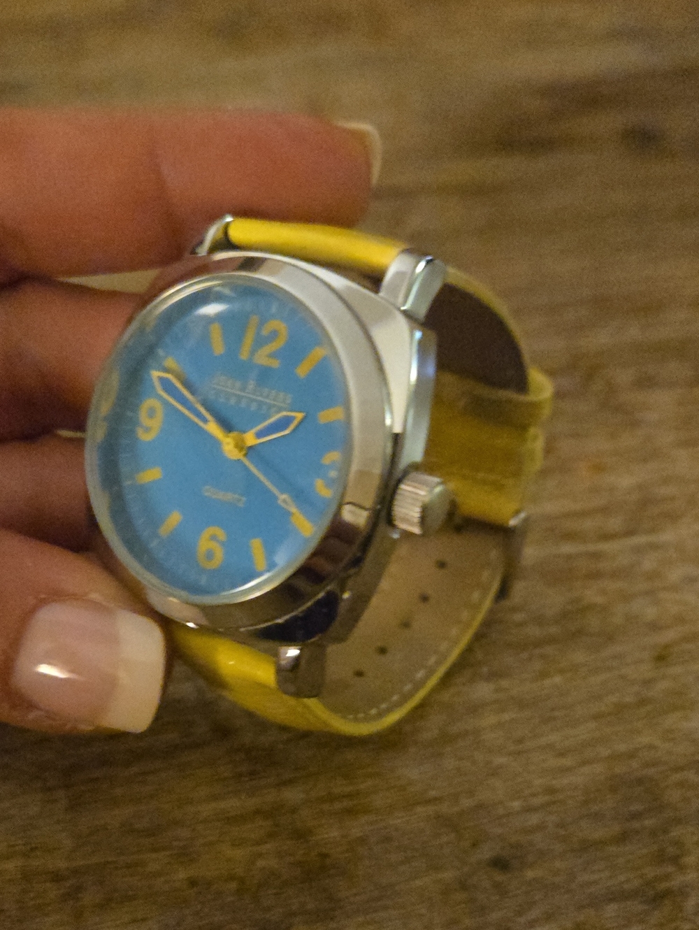 Joan Rivers Genuine Leather Yellow Strap Blue Dial Quartz Watch